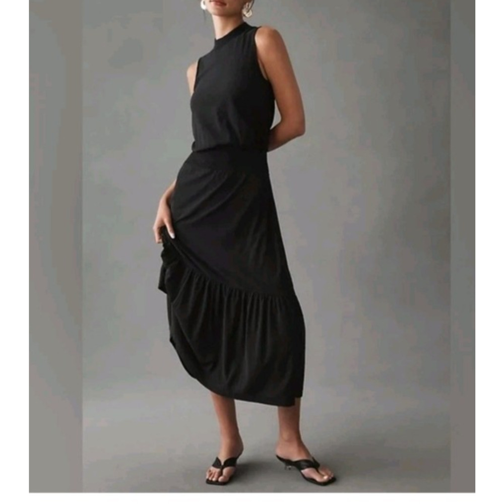 Nation LTD Black Smocked Waist Tiered Barrett 90s Midi Dress Size Small